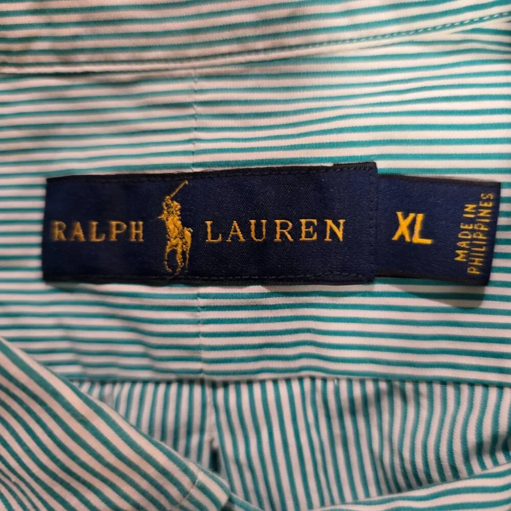 Ralph Lauren Men's Button Up Dress Shirt Green White Stripe Pony Logo Size XL‎